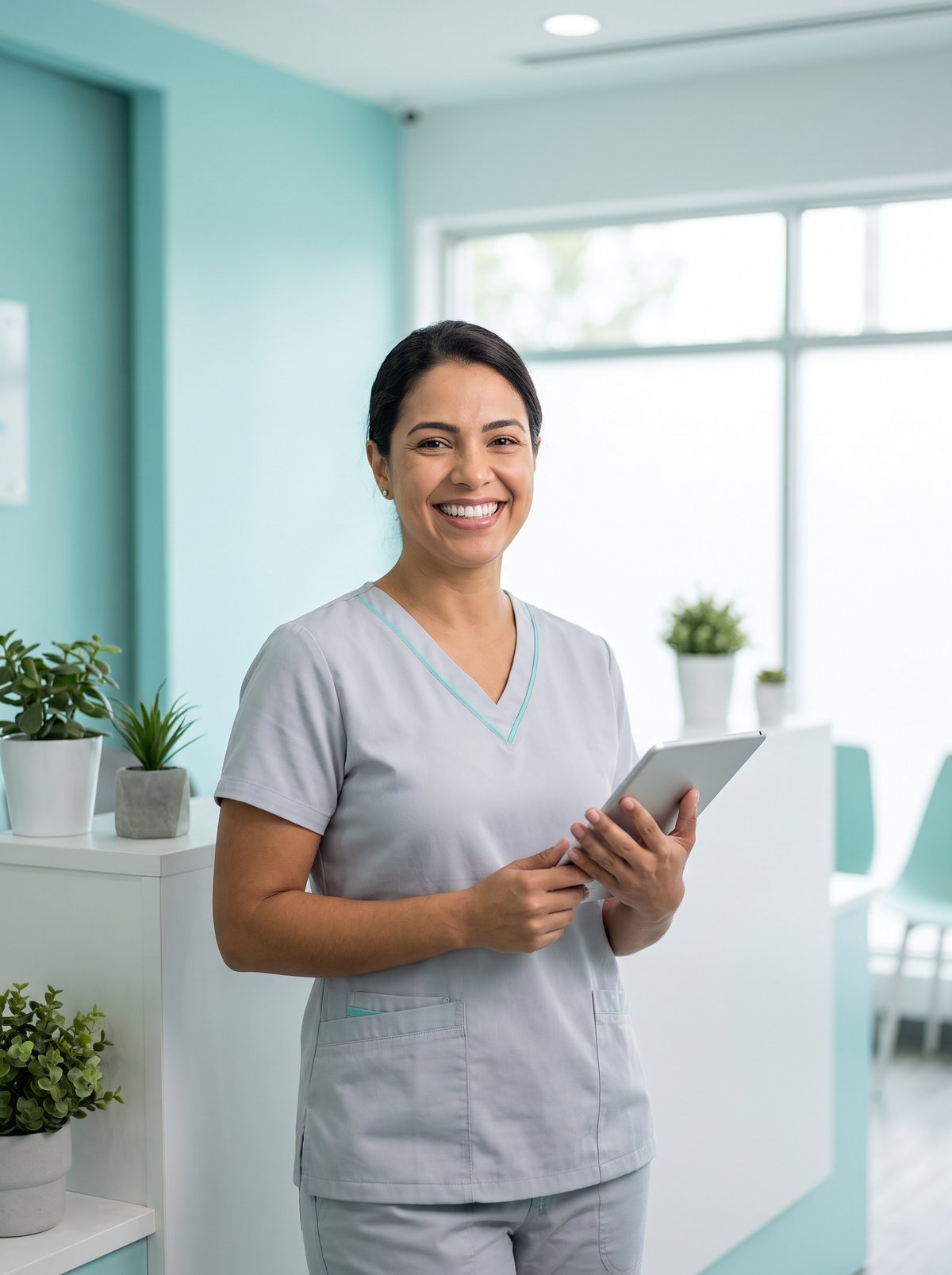Recepcionista de clínica sorrindo com um tablet na mão